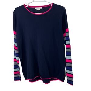 Boden Berwick Wool Sweater S Women Navy Blue Pink Stripe Sleeve Crewneck